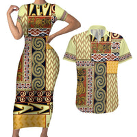 Yellow Aotearoa Kowhaiwhai Pattern Couples Matching Short Sleeve Bodycon Dress and Hawaiian Shirt NZ Maori Quilt Style LT14 Yellow - Polynesian Pride