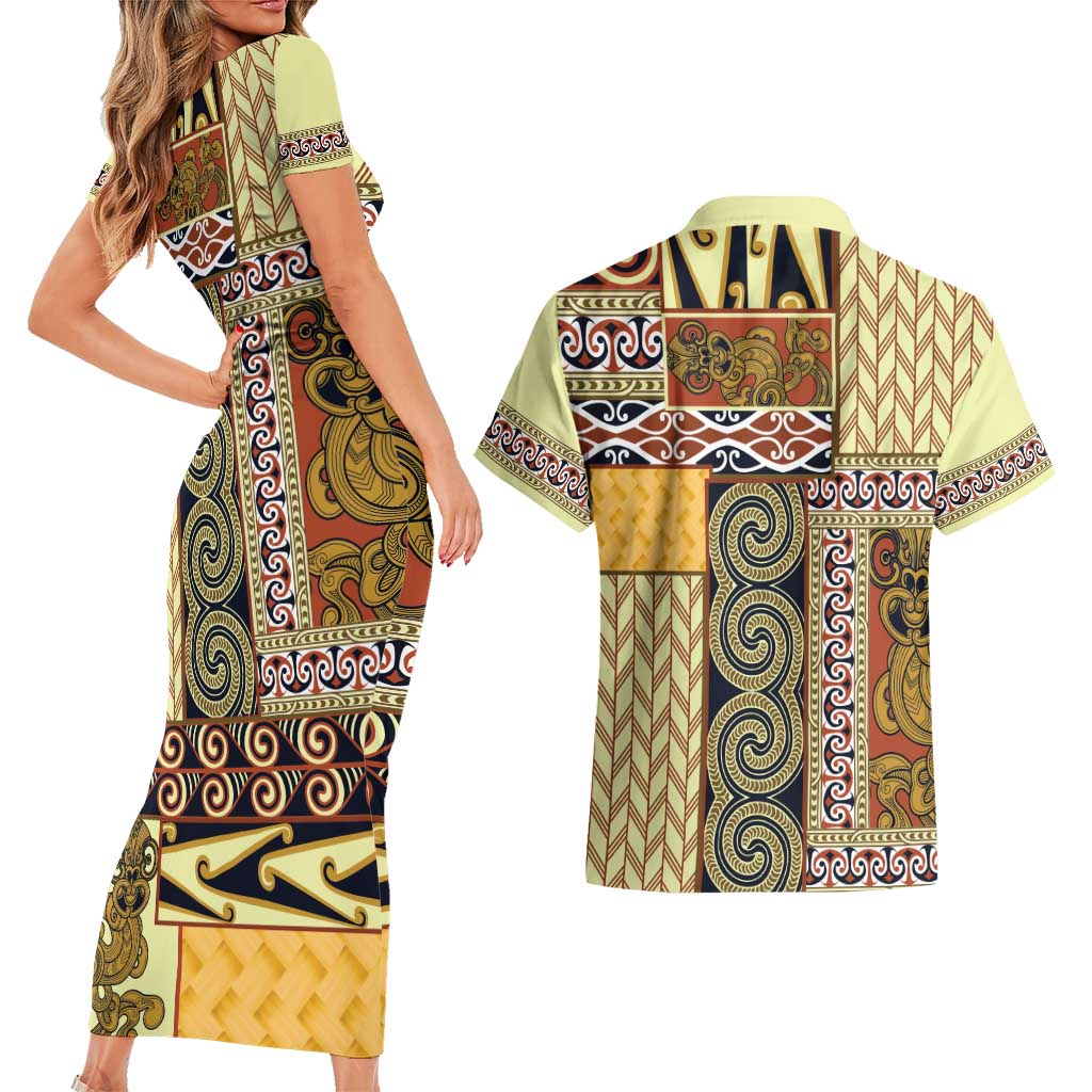 Yellow Aotearoa Kowhaiwhai Pattern Couples Matching Short Sleeve Bodycon Dress and Hawaiian Shirt NZ Maori Quilt Style LT14 - Polynesian Pride