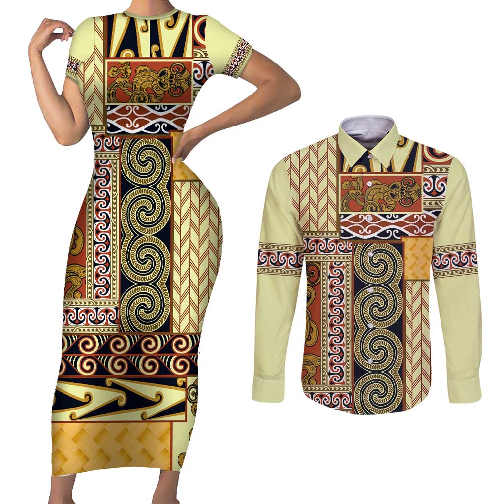 Yellow Aotearoa Kowhaiwhai Pattern Couples Matching Short Sleeve Bodycon Dress and Long Sleeve Button Shirt NZ Maori Quilt Style LT14 Yellow - Polynesian Pride