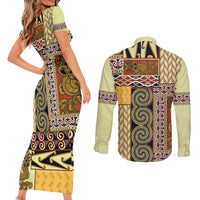 Yellow Aotearoa Kowhaiwhai Pattern Couples Matching Short Sleeve Bodycon Dress and Long Sleeve Button Shirt NZ Maori Quilt Style LT14 - Polynesian Pride