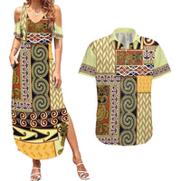 Yellow Aotearoa Kowhaiwhai Pattern Couples Matching Summer Maxi Dress and Hawaiian Shirt NZ Maori Quilt Style LT14 Yellow - Polynesian Pride