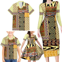 Yellow Aotearoa Kowhaiwhai Pattern Family Matching Long Sleeve Bodycon Dress and Hawaiian Shirt NZ Maori Quilt Style LT14 - Polynesian Pride