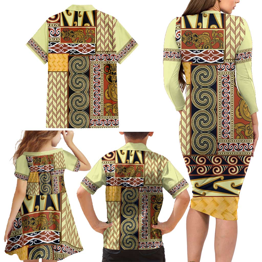 Yellow Aotearoa Kowhaiwhai Pattern Family Matching Long Sleeve Bodycon Dress and Hawaiian Shirt NZ Maori Quilt Style LT14 - Polynesian Pride