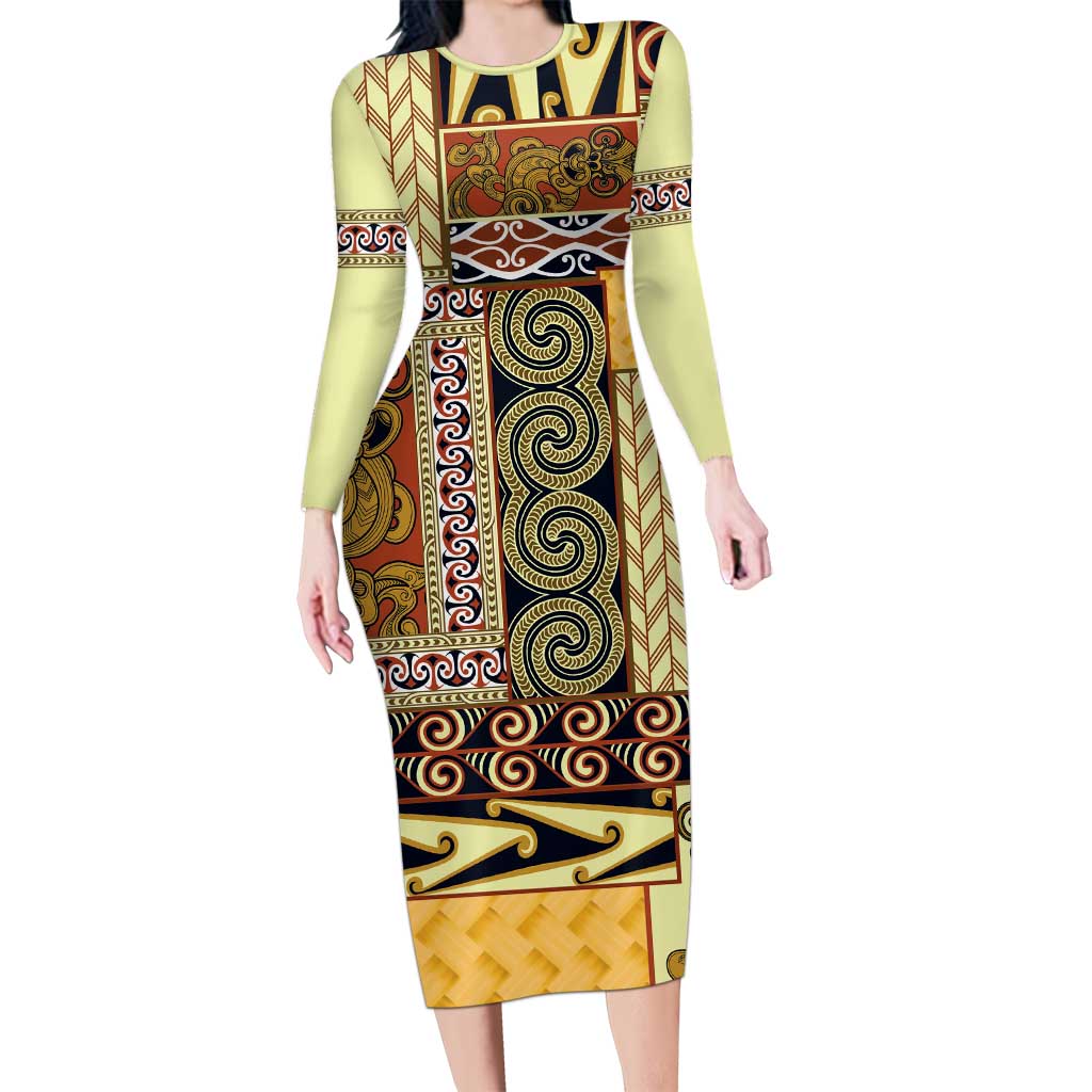 Yellow Aotearoa Kowhaiwhai Pattern Family Matching Long Sleeve Bodycon Dress and Hawaiian Shirt NZ Maori Quilt Style LT14 Mom's Dress Yellow - Polynesian Pride