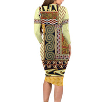 Yellow Aotearoa Kowhaiwhai Pattern Family Matching Long Sleeve Bodycon Dress and Hawaiian Shirt NZ Maori Quilt Style LT14 - Polynesian Pride