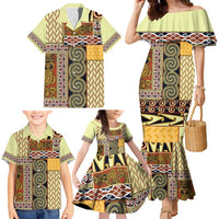 Yellow Aotearoa Kowhaiwhai Pattern Family Matching Mermaid Dress and Hawaiian Shirt NZ Maori Quilt Style LT14 - Polynesian Pride