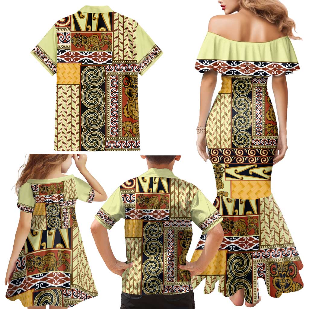 Yellow Aotearoa Kowhaiwhai Pattern Family Matching Mermaid Dress and Hawaiian Shirt NZ Maori Quilt Style LT14 - Polynesian Pride
