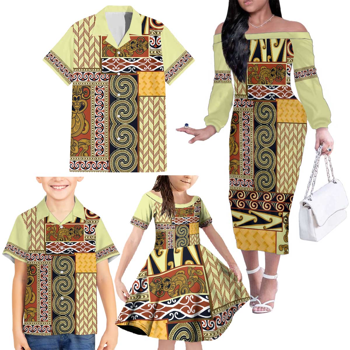 Yellow Aotearoa Kowhaiwhai Pattern Family Matching Off The Shoulder Long Sleeve Dress and Hawaiian Shirt NZ Maori Quilt Style LT14 - Polynesian Pride