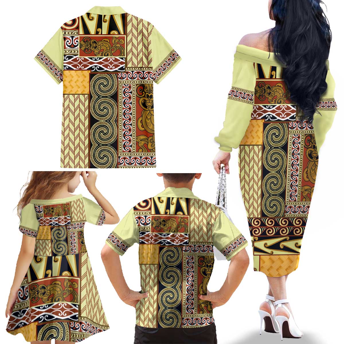 Yellow Aotearoa Kowhaiwhai Pattern Family Matching Off The Shoulder Long Sleeve Dress and Hawaiian Shirt NZ Maori Quilt Style LT14 - Polynesian Pride