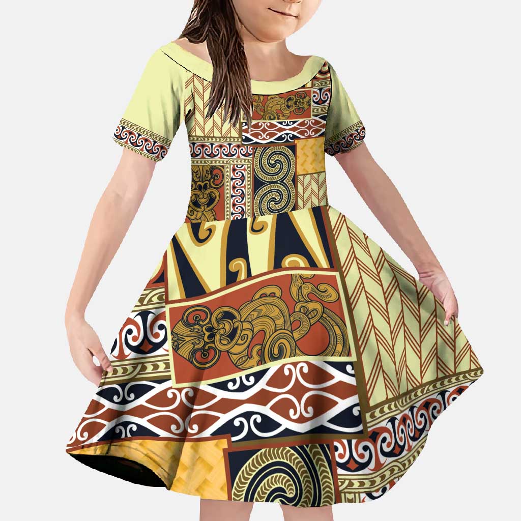 Yellow Aotearoa Kowhaiwhai Pattern Family Matching Off Shoulder Maxi Dress and Hawaiian Shirt NZ Maori Quilt Style LT14 Daughter's Dress Yellow - Polynesian Pride