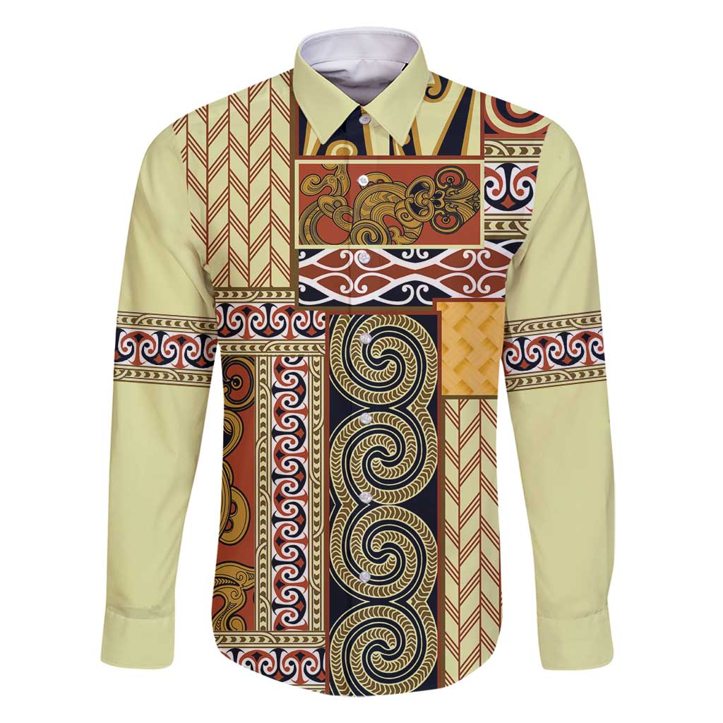 Yellow Aotearoa Kowhaiwhai Pattern Family Matching Off Shoulder Maxi Dress and Hawaiian Shirt NZ Maori Quilt Style LT14 Dad's Shirt - Long Sleeve Yellow - Polynesian Pride