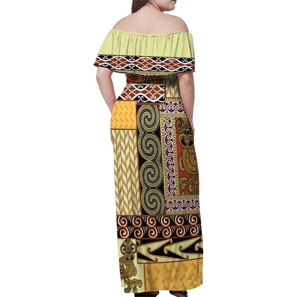 Yellow Aotearoa Kowhaiwhai Pattern Family Matching Off Shoulder Maxi Dress and Hawaiian Shirt NZ Maori Quilt Style LT14 - Polynesian Pride