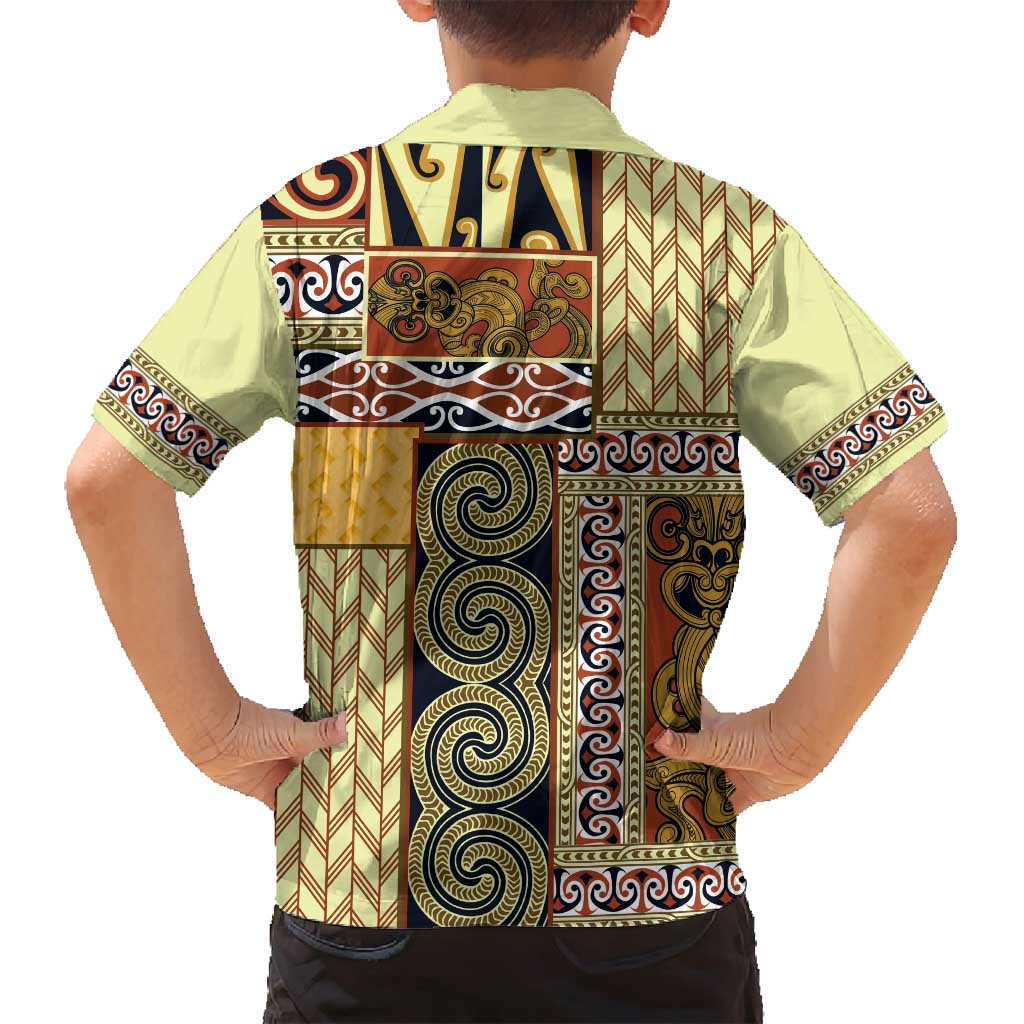 Yellow Aotearoa Kowhaiwhai Pattern Family Matching Off Shoulder Short Dress and Hawaiian Shirt NZ Maori Quilt Style LT14 - Polynesian Pride