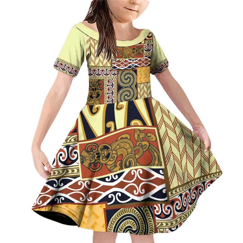 Yellow Aotearoa Kowhaiwhai Pattern Family Matching Off Shoulder Short Dress and Hawaiian Shirt NZ Maori Quilt Style LT14 Daughter's Dress Yellow - Polynesian Pride
