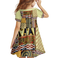 Yellow Aotearoa Kowhaiwhai Pattern Family Matching Off Shoulder Short Dress and Hawaiian Shirt NZ Maori Quilt Style LT14 - Polynesian Pride