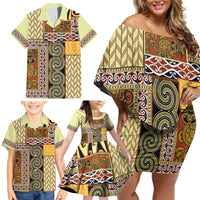 Yellow Aotearoa Kowhaiwhai Pattern Family Matching Off Shoulder Short Dress and Hawaiian Shirt NZ Maori Quilt Style LT14 - Polynesian Pride