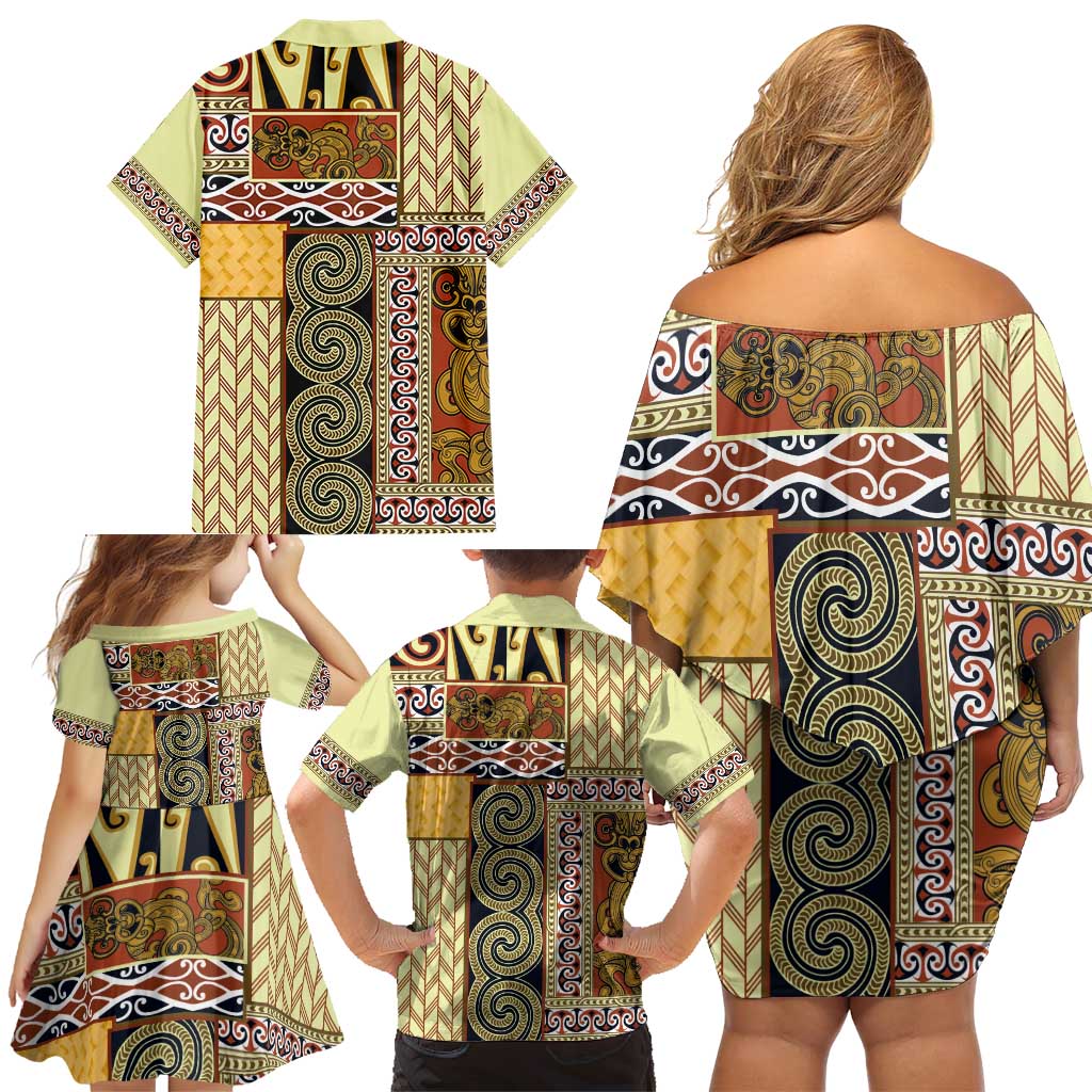 Yellow Aotearoa Kowhaiwhai Pattern Family Matching Off Shoulder Short Dress and Hawaiian Shirt NZ Maori Quilt Style LT14 - Polynesian Pride