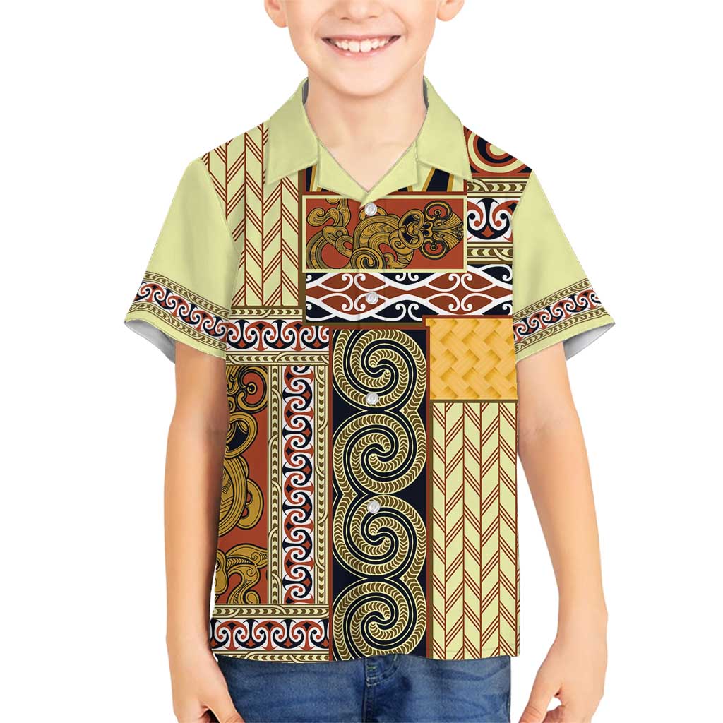 Yellow Aotearoa Kowhaiwhai Pattern Family Matching Off Shoulder Short Dress and Hawaiian Shirt NZ Maori Quilt Style LT14 Son's Shirt Yellow - Polynesian Pride