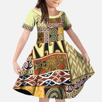 Yellow Aotearoa Kowhaiwhai Pattern Family Matching Short Sleeve Bodycon Dress and Hawaiian Shirt NZ Maori Quilt Style LT14 Daughter's Dress Yellow - Polynesian Pride