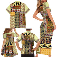 Yellow Aotearoa Kowhaiwhai Pattern Family Matching Short Sleeve Bodycon Dress and Hawaiian Shirt NZ Maori Quilt Style LT14 - Polynesian Pride
