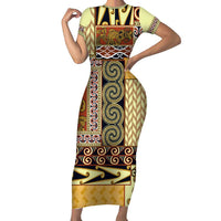 Yellow Aotearoa Kowhaiwhai Pattern Family Matching Short Sleeve Bodycon Dress and Hawaiian Shirt NZ Maori Quilt Style LT14 Mom's Dress Yellow - Polynesian Pride