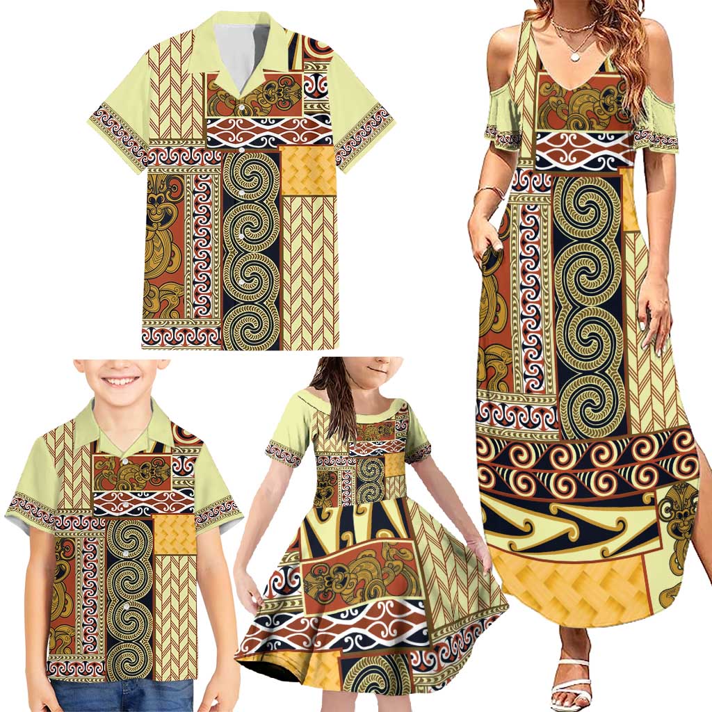 Yellow Aotearoa Kowhaiwhai Pattern Family Matching Summer Maxi Dress and Hawaiian Shirt NZ Maori Quilt Style LT14 - Polynesian Pride
