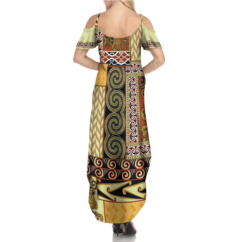 Yellow Aotearoa Kowhaiwhai Pattern Family Matching Summer Maxi Dress and Hawaiian Shirt NZ Maori Quilt Style LT14 - Polynesian Pride
