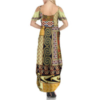 Yellow Aotearoa Kowhaiwhai Pattern Family Matching Summer Maxi Dress and Hawaiian Shirt NZ Maori Quilt Style LT14 - Polynesian Pride