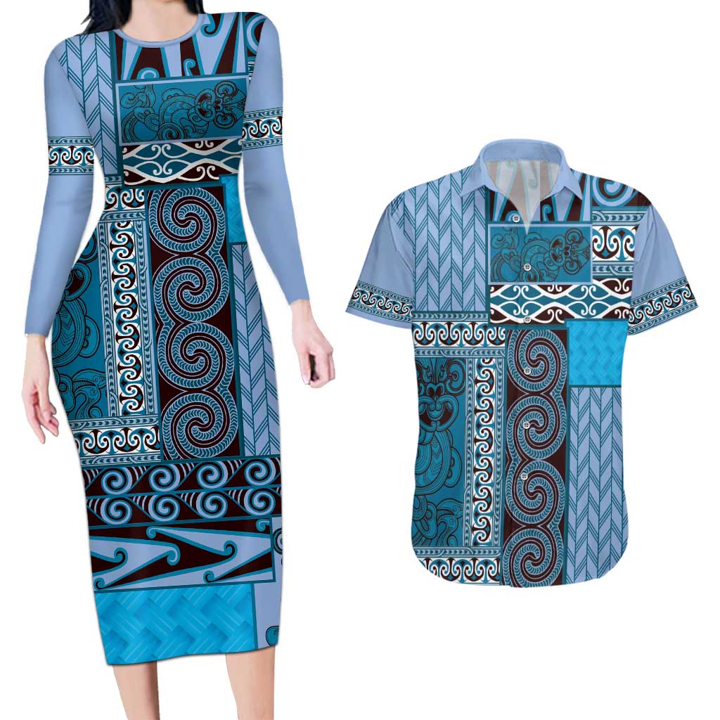 Blue Aotearoa Kowhaiwhai Pattern Couples Matching Long Sleeve Bodycon Dress and Hawaiian Shirt NZ Maori Quilt Style LT14 Blue - Polynesian Pride