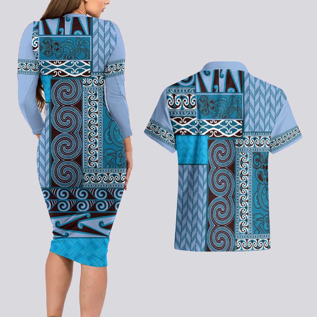 Blue Aotearoa Kowhaiwhai Pattern Couples Matching Long Sleeve Bodycon Dress and Hawaiian Shirt NZ Maori Quilt Style LT14 - Polynesian Pride