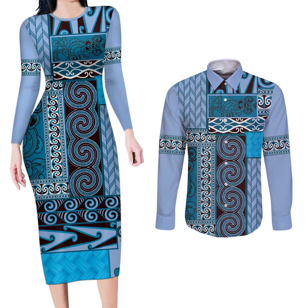 Blue Aotearoa Kowhaiwhai Pattern Couples Matching Long Sleeve Bodycon Dress and Long Sleeve Button Shirt NZ Maori Quilt Style LT14 Blue - Polynesian Pride