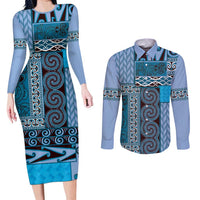 Blue Aotearoa Kowhaiwhai Pattern Couples Matching Long Sleeve Bodycon Dress and Long Sleeve Button Shirt NZ Maori Quilt Style LT14 Blue - Polynesian Pride