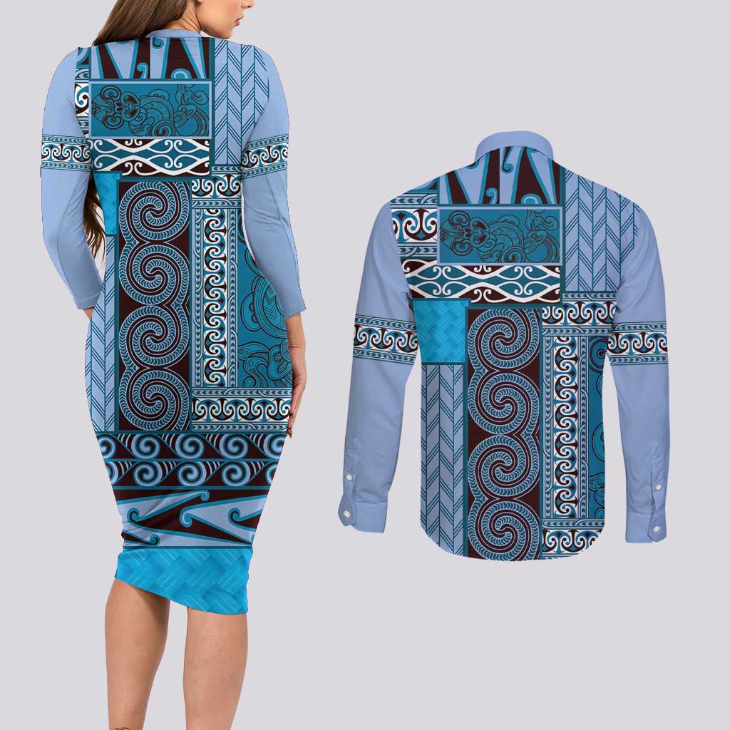 Blue Aotearoa Kowhaiwhai Pattern Couples Matching Long Sleeve Bodycon Dress and Long Sleeve Button Shirt NZ Maori Quilt Style LT14 - Polynesian Pride