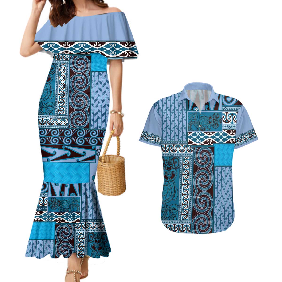 Blue Aotearoa Kowhaiwhai Pattern Couples Matching Mermaid Dress and Hawaiian Shirt NZ Maori Quilt Style LT14 Blue - Polynesian Pride