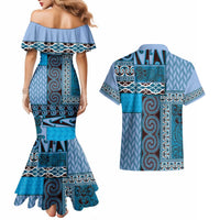Blue Aotearoa Kowhaiwhai Pattern Couples Matching Mermaid Dress and Hawaiian Shirt NZ Maori Quilt Style LT14 - Polynesian Pride