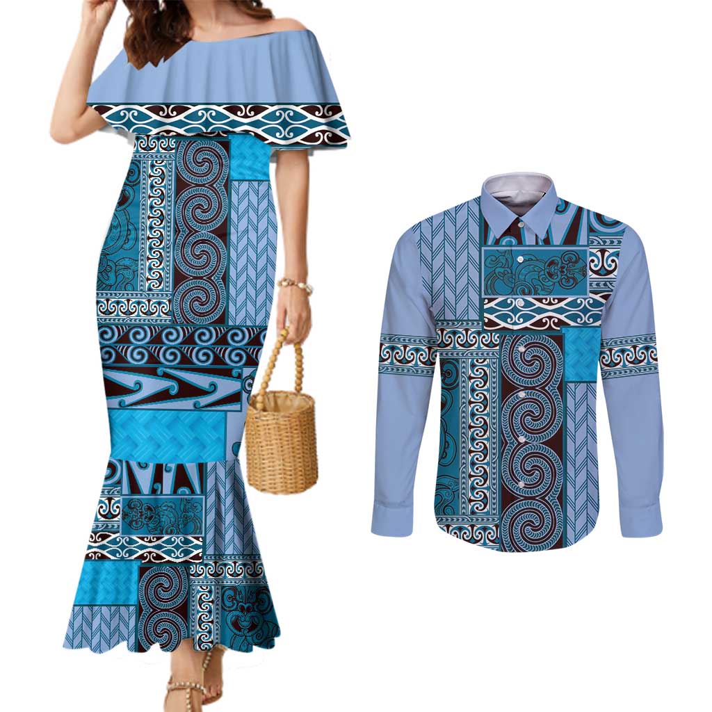 Blue Aotearoa Kowhaiwhai Pattern Couples Matching Mermaid Dress and Long Sleeve Button Shirt NZ Maori Quilt Style LT14 Blue - Polynesian Pride