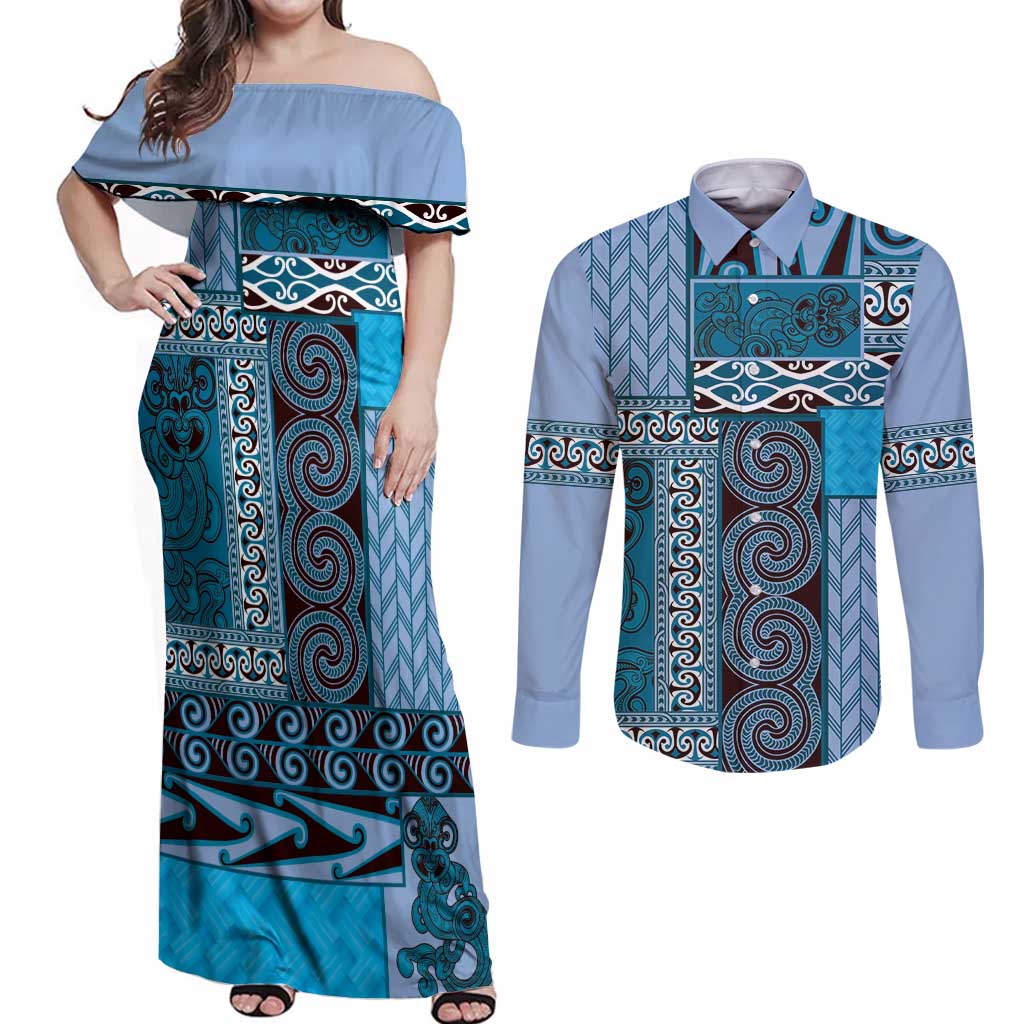 Blue Aotearoa Kowhaiwhai Pattern Couples Matching Off Shoulder Maxi Dress and Long Sleeve Button Shirt NZ Maori Quilt Style LT14 Blue - Polynesian Pride