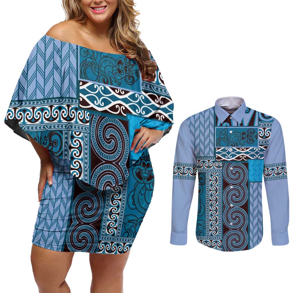 Blue Aotearoa Kowhaiwhai Pattern Couples Matching Off Shoulder Short Dress and Long Sleeve Button Shirt NZ Maori Quilt Style LT14 Blue - Polynesian Pride