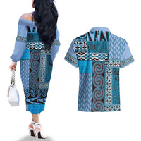 Blue Aotearoa Kowhaiwhai Pattern Couples Matching Off The Shoulder Long Sleeve Dress and Hawaiian Shirt NZ Maori Quilt Style LT14 - Polynesian Pride