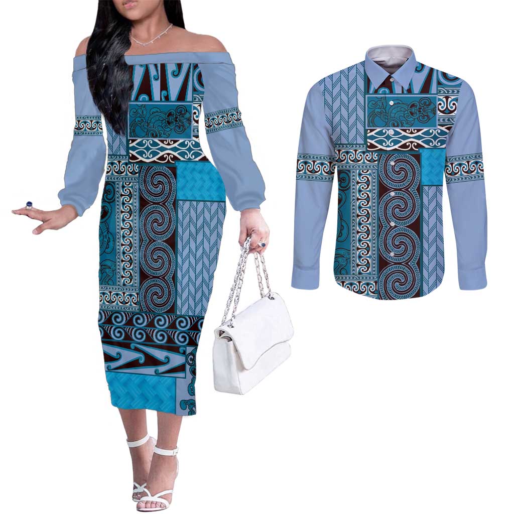Blue Aotearoa Kowhaiwhai Pattern Couples Matching Off The Shoulder Long Sleeve Dress and Long Sleeve Button Shirt NZ Maori Quilt Style LT14 Blue - Polynesian Pride