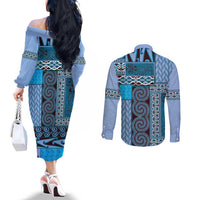 Blue Aotearoa Kowhaiwhai Pattern Couples Matching Off The Shoulder Long Sleeve Dress and Long Sleeve Button Shirt NZ Maori Quilt Style LT14 - Polynesian Pride