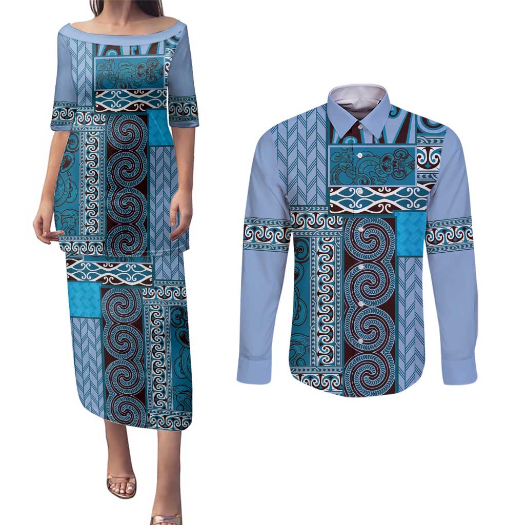 Blue Aotearoa Kowhaiwhai Pattern Couples Matching Puletasi and Long Sleeve Button Shirt NZ Maori Quilt Style LT14 Blue - Polynesian Pride