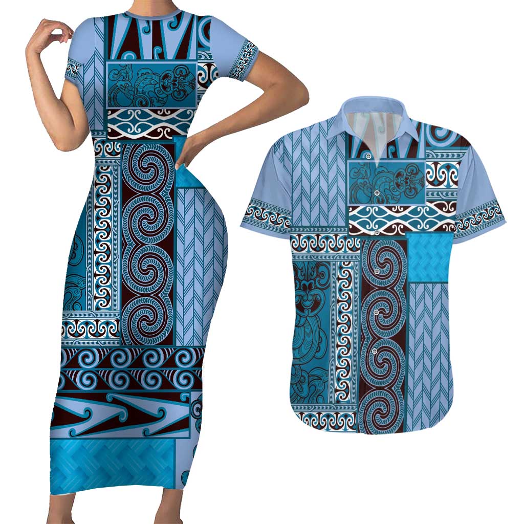 Blue Aotearoa Kowhaiwhai Pattern Couples Matching Short Sleeve Bodycon Dress and Hawaiian Shirt NZ Maori Quilt Style LT14 Blue - Polynesian Pride