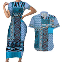 Blue Aotearoa Kowhaiwhai Pattern Couples Matching Short Sleeve Bodycon Dress and Hawaiian Shirt NZ Maori Quilt Style LT14 Blue - Polynesian Pride