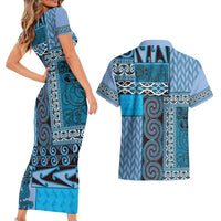 Blue Aotearoa Kowhaiwhai Pattern Couples Matching Short Sleeve Bodycon Dress and Hawaiian Shirt NZ Maori Quilt Style LT14 - Polynesian Pride