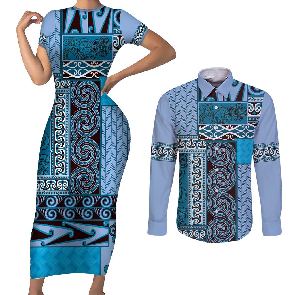 Blue Aotearoa Kowhaiwhai Pattern Couples Matching Short Sleeve Bodycon Dress and Long Sleeve Button Shirt NZ Maori Quilt Style LT14 Blue - Polynesian Pride