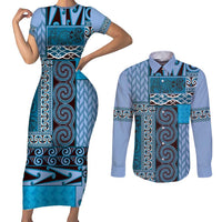 Blue Aotearoa Kowhaiwhai Pattern Couples Matching Short Sleeve Bodycon Dress and Long Sleeve Button Shirt NZ Maori Quilt Style LT14 Blue - Polynesian Pride