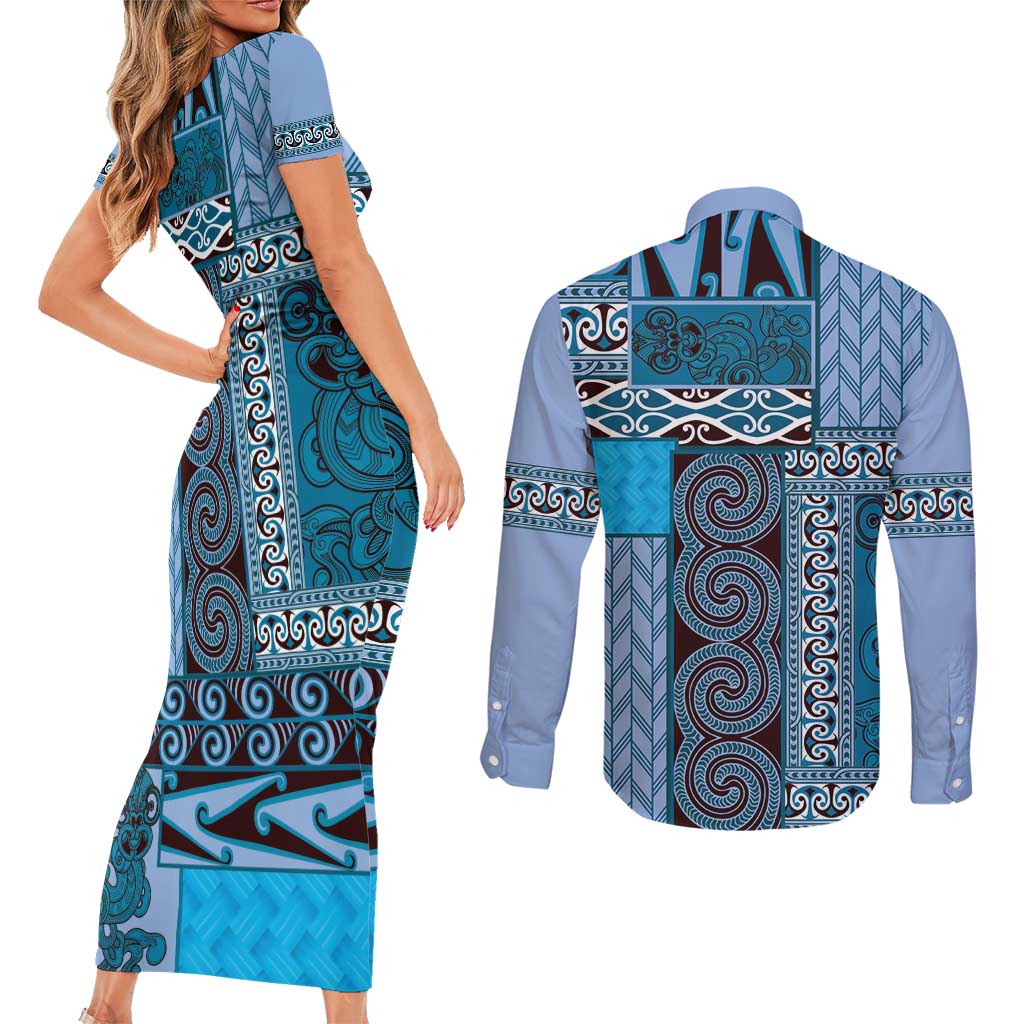 Blue Aotearoa Kowhaiwhai Pattern Couples Matching Short Sleeve Bodycon Dress and Long Sleeve Button Shirt NZ Maori Quilt Style LT14 - Polynesian Pride