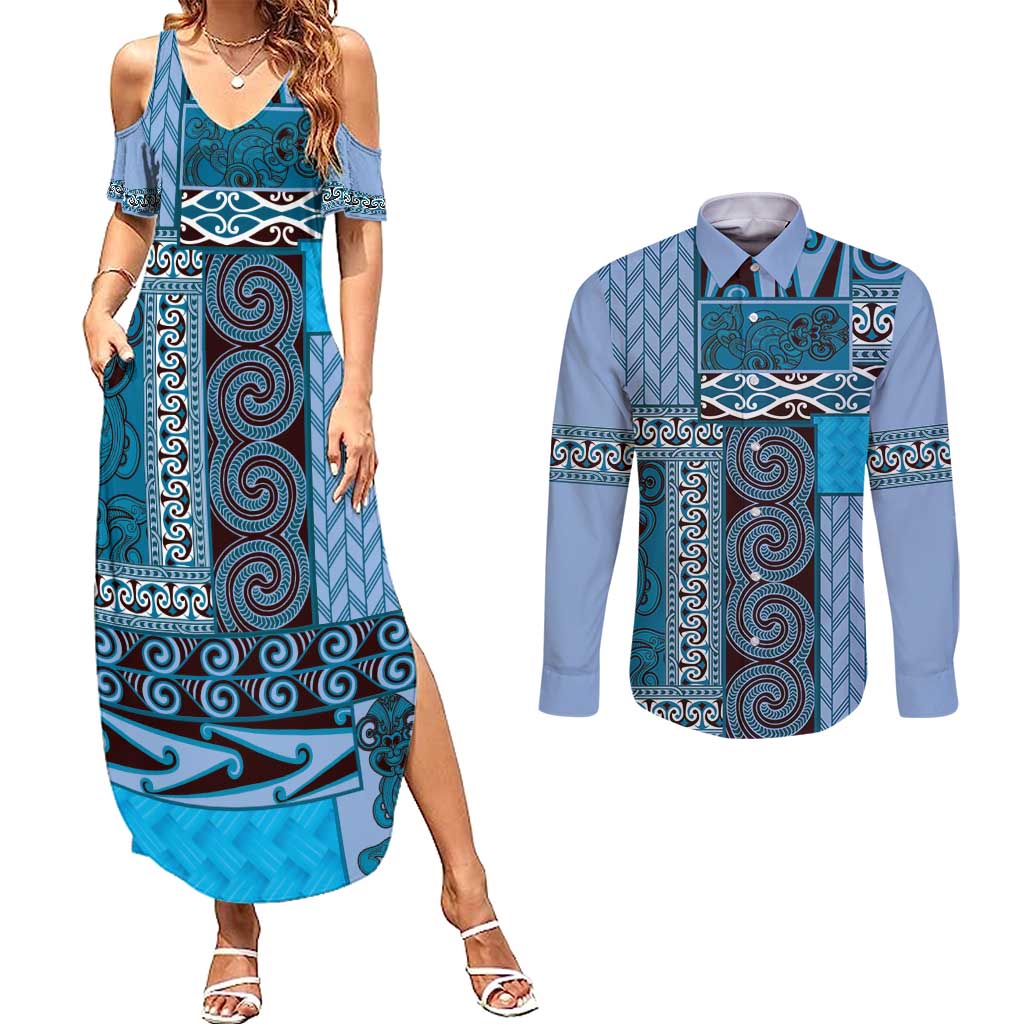 Blue Aotearoa Kowhaiwhai Pattern Couples Matching Summer Maxi Dress and Long Sleeve Button Shirt NZ Maori Quilt Style LT14 Blue - Polynesian Pride