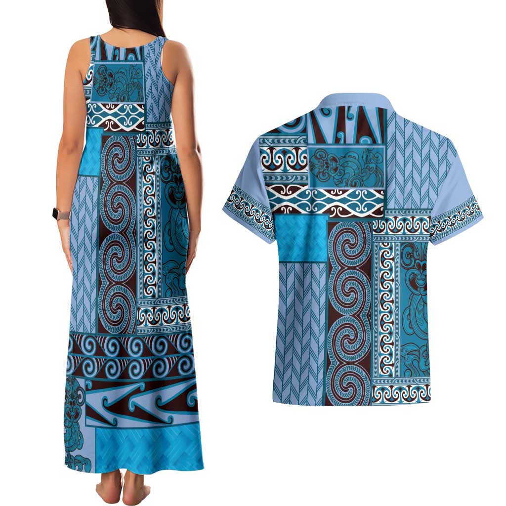 Blue Aotearoa Kowhaiwhai Pattern Couples Matching Tank Maxi Dress and Hawaiian Shirt NZ Maori Quilt Style LT14 - Polynesian Pride